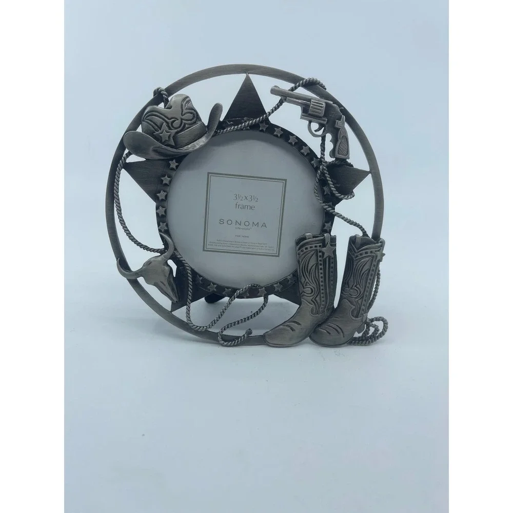 Sonoma Pewter Western Cowboy Boots Hat Pistol Photo‎ Frame 3.5x3.5